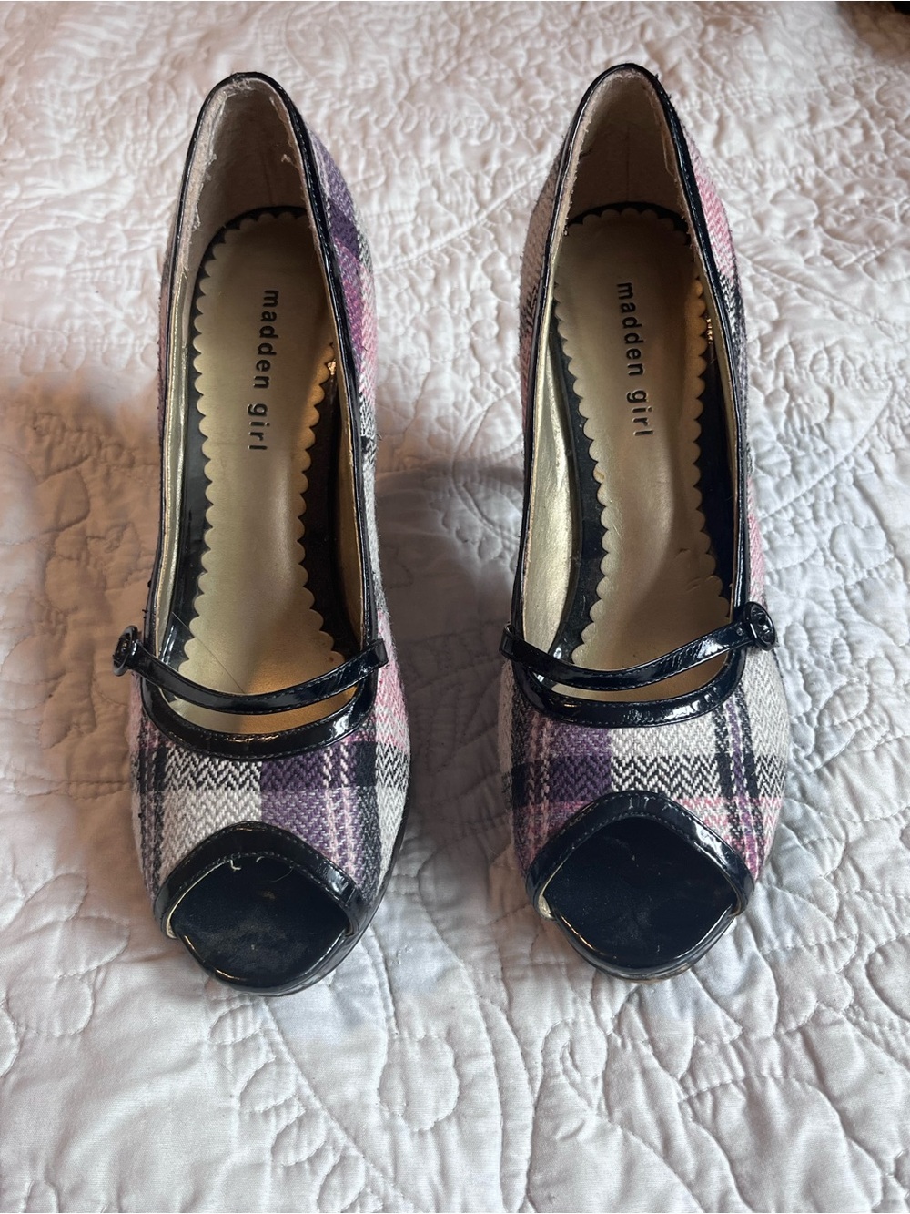 Madden Girl Purple Plaid Peep-Toe Heels with Black Patent Trim